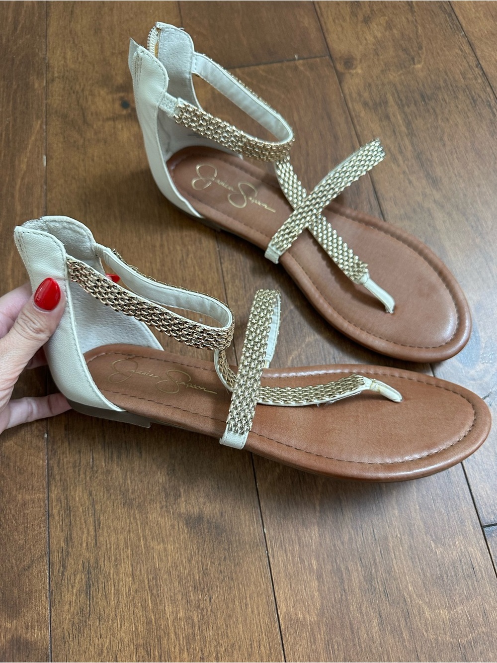 Jessica Simpson White and Gold Braided Thong Sandals